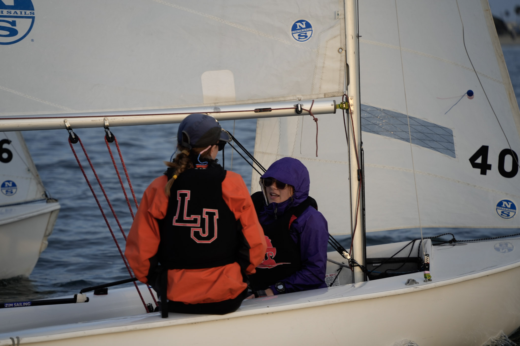 Two La Jolla High School sailors in an FJ sailboat during the Rose Bowl Regatta