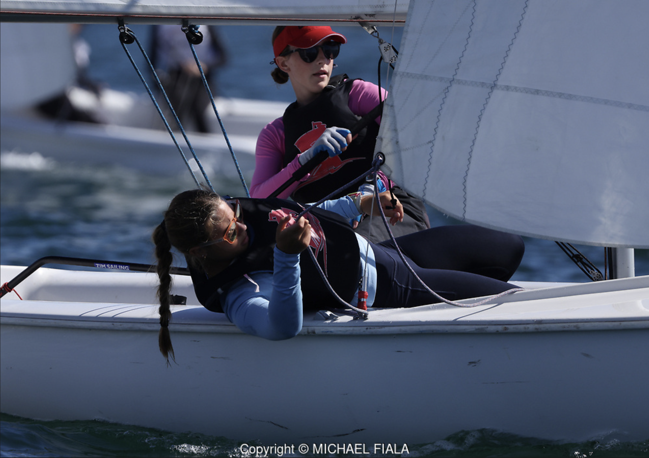 Two La Jolla High School sailors in an FJ sailboat during the Sea Otter Regatta 2026